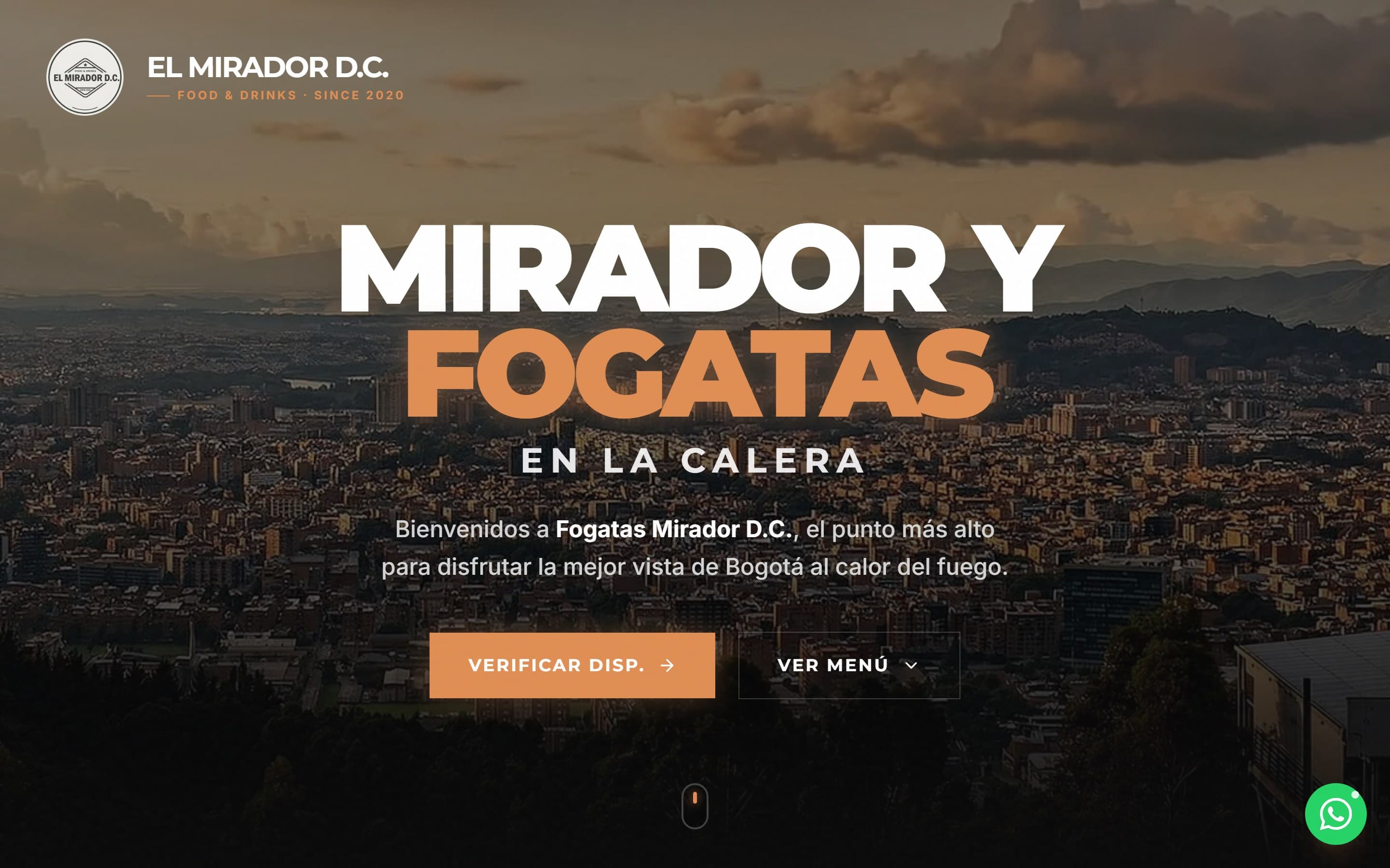 Captura del sitio de Fogatas Mirador — hero con fuego encendido sobre fondo oscuro