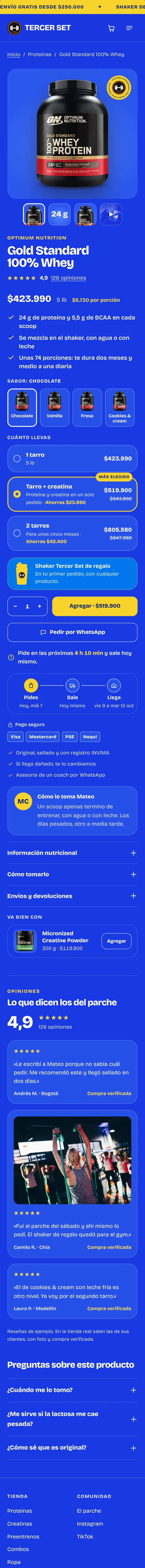 Página de producto de la proteína Gold Standard en la tienda de ejemplo Tercer Set, estilo Parche: foto, precio de $423.990, sabores, paquetes con el ahorro, botón de agregar, opiniones y preguntas frecuentes